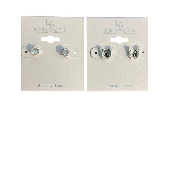 Lori's Gifts 3 Pair Silver Tone Earrings Hoops Studs Butterfly Rhinestone NEW - Picture 3 of 6